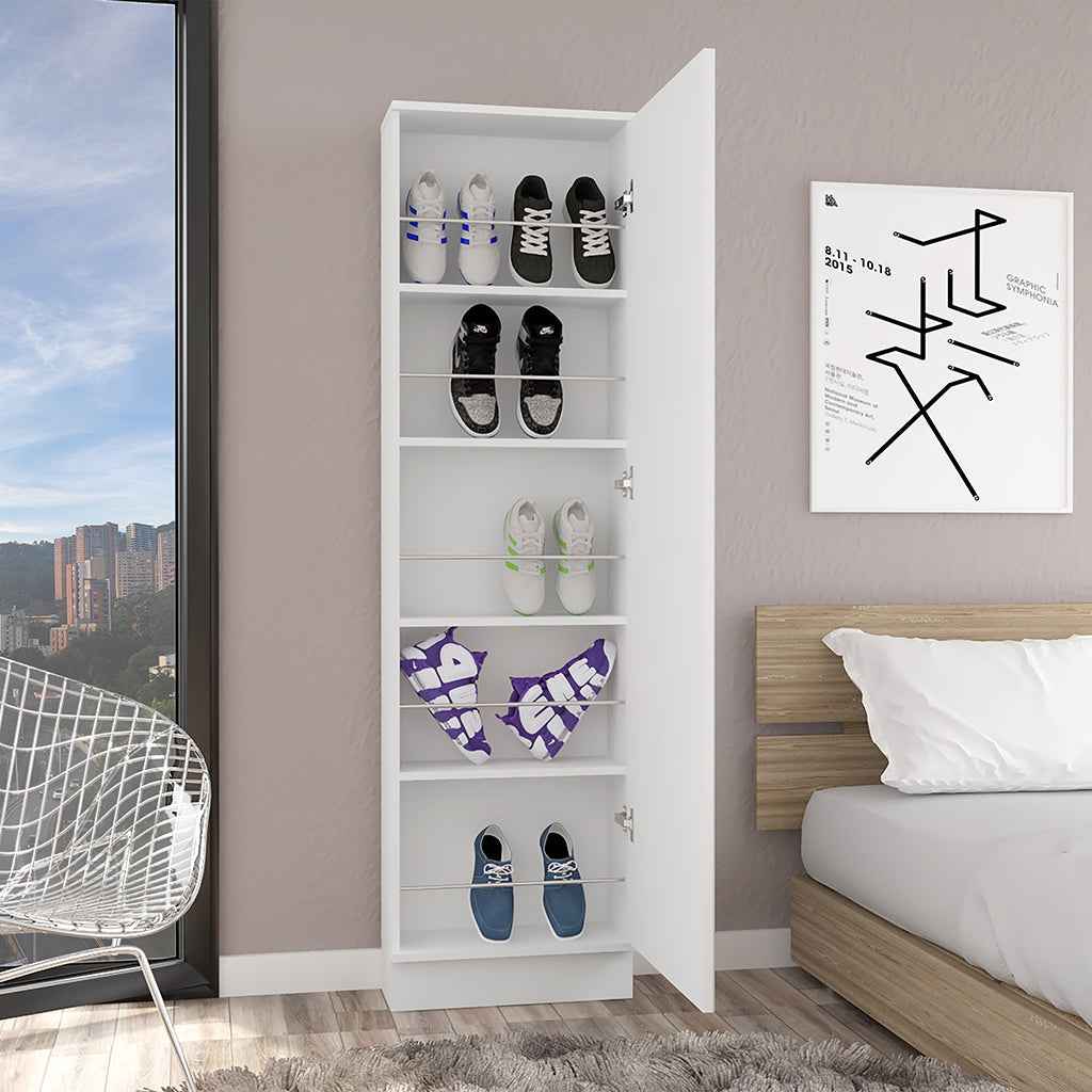 Charlotte Xl Shoe Rack, Five Interior Shelves, Mirror, Single Door Cabinet, White