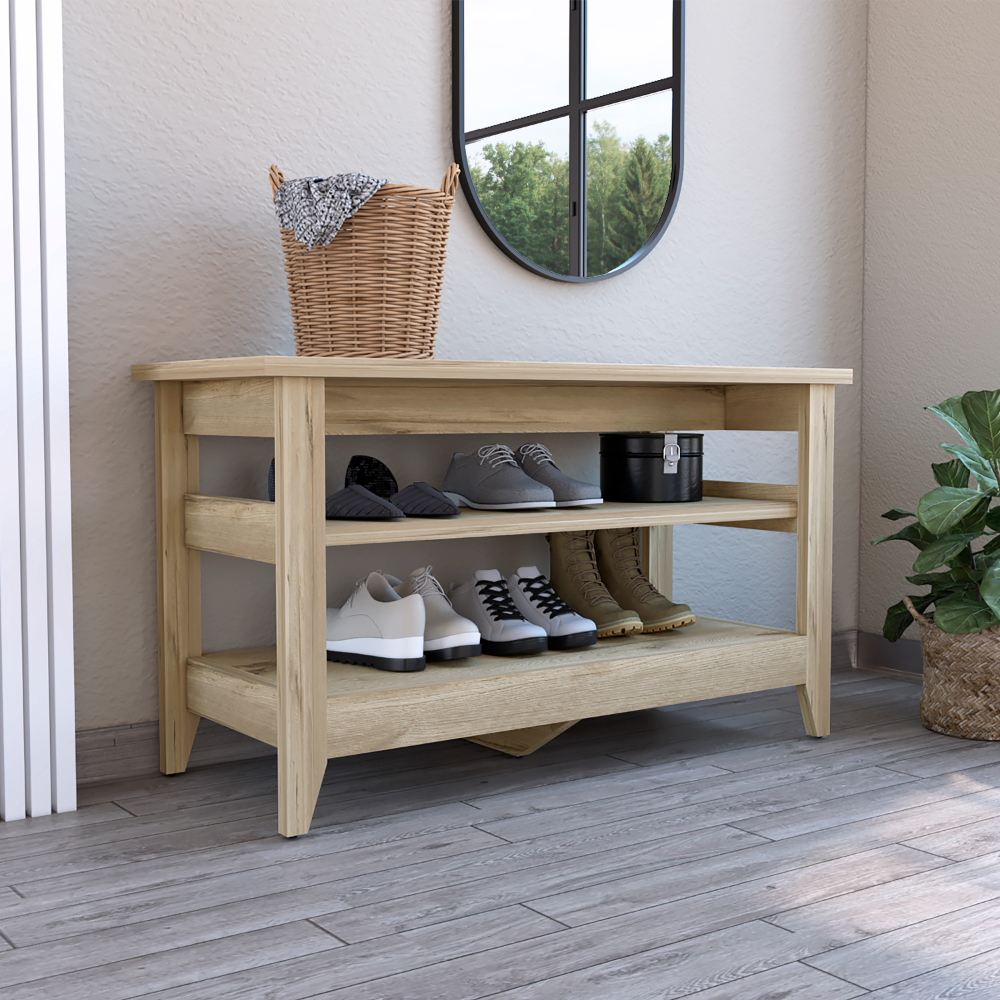Mason Storage Bench, Two Open Shelves, Light Oak - Luciddepo