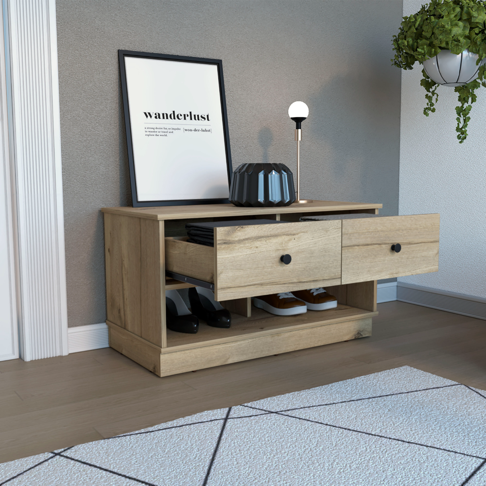 Uranus Storage Bench, Two Drawers, Two Open Shelves, Light Oak - Luciddepo
