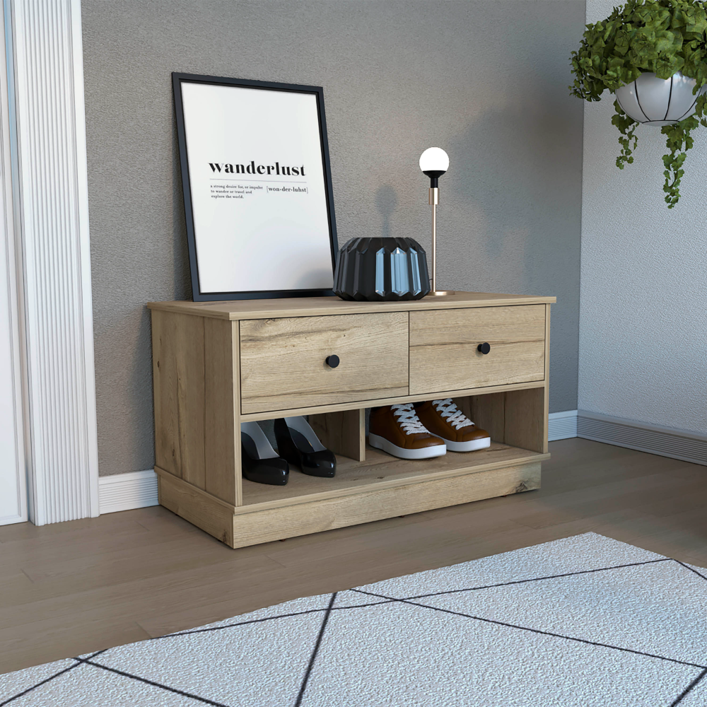 Uranus Storage Bench, Two Drawers, Two Open Shelves, Light Oak - Luciddepo