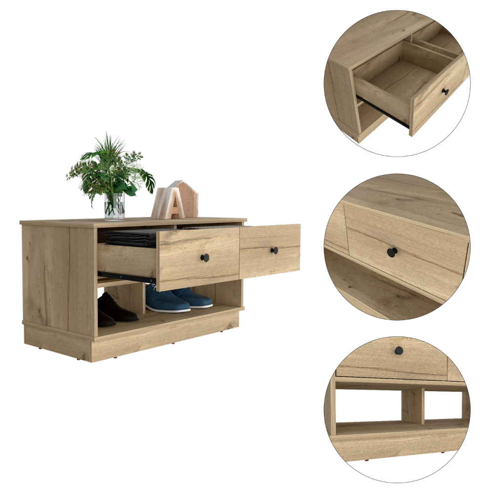Uranus Storage Bench, Two Drawers, Two Open Shelves, Light Oak - Luciddepo