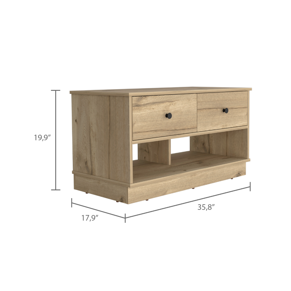 Uranus Storage Bench, Two Drawers, Two Open Shelves, Light Oak - Luciddepo