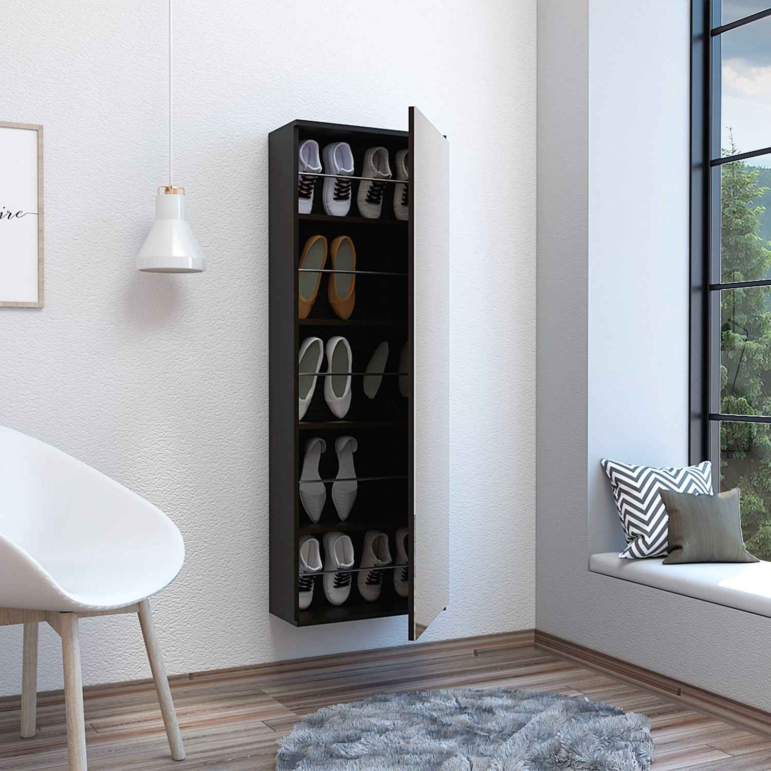 Baltimore Wall Mounted Shoe Rack, Mirror, Single Door, Ten Shoes Capacity, Black