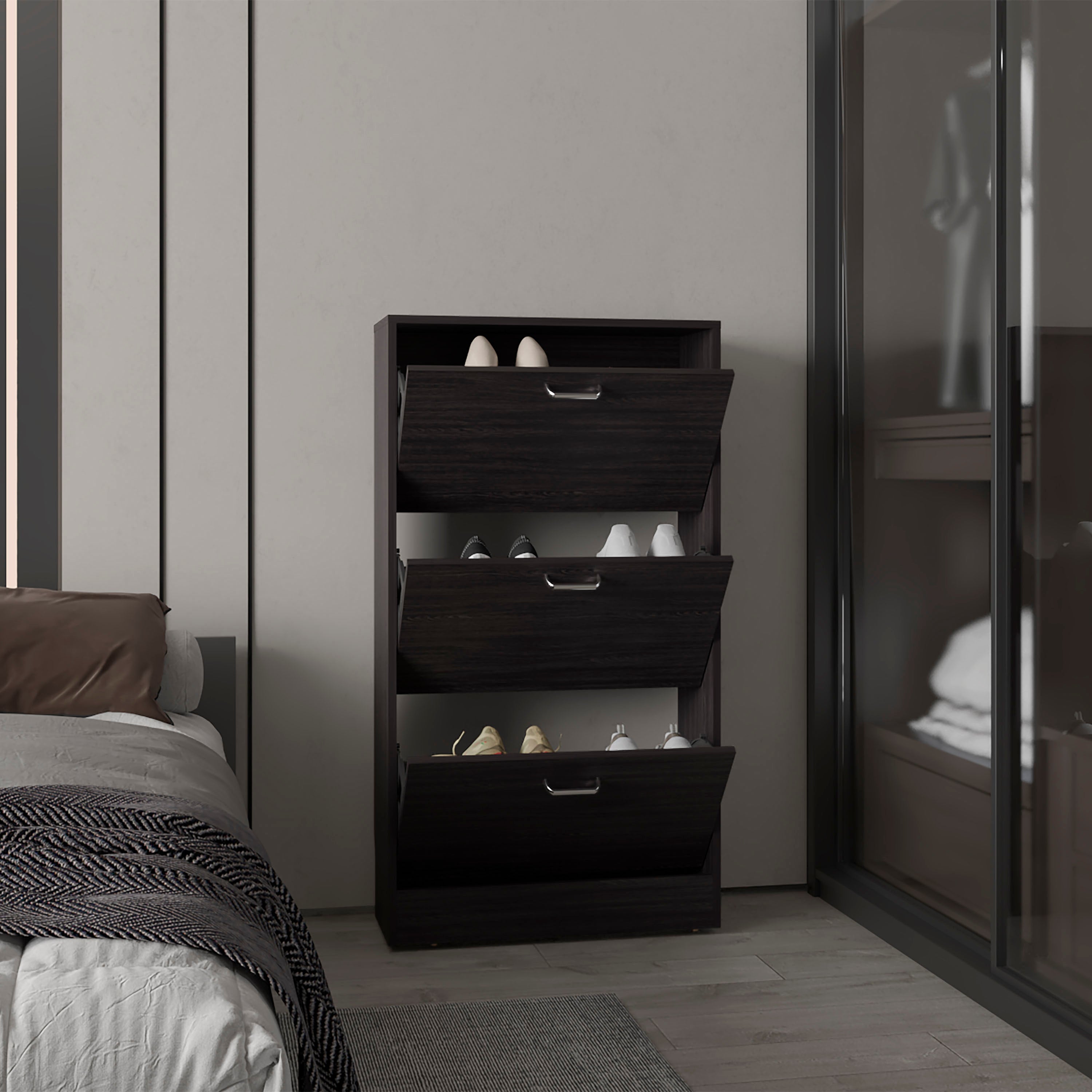 Crocker Shoe Rack, 3 Doors, 3 Shelves, Black Wengue - Luciddepo