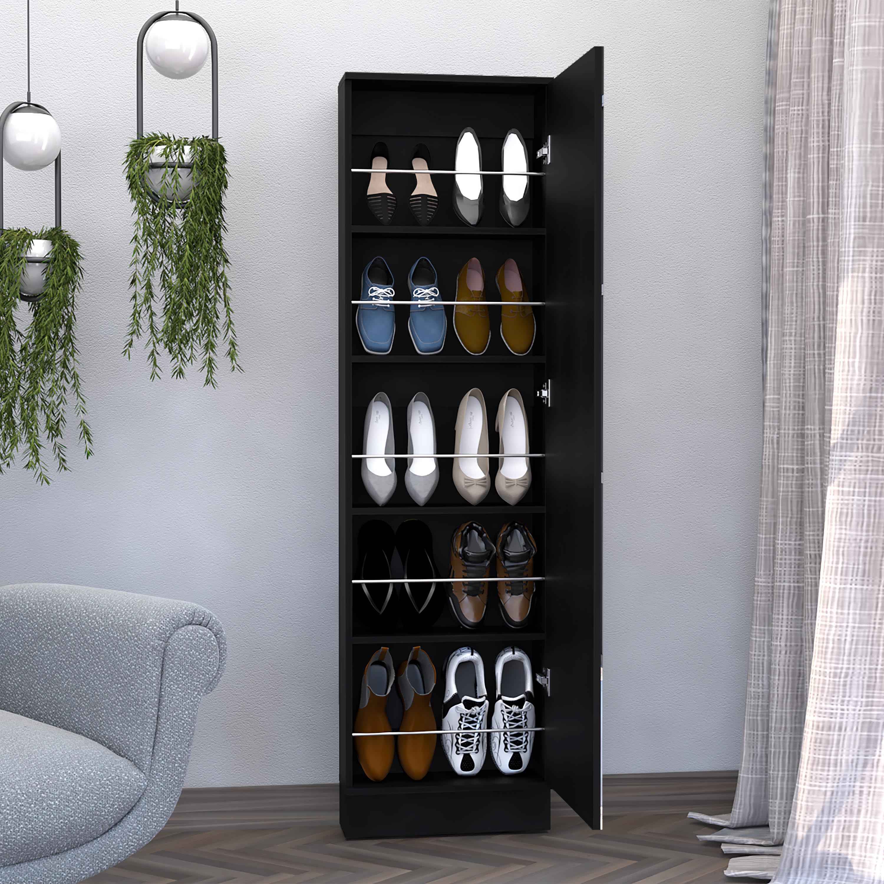 Charlotte Xl Shoe Rack, Five Interior Shelves, Mirror, Single Door Cabinet, Black