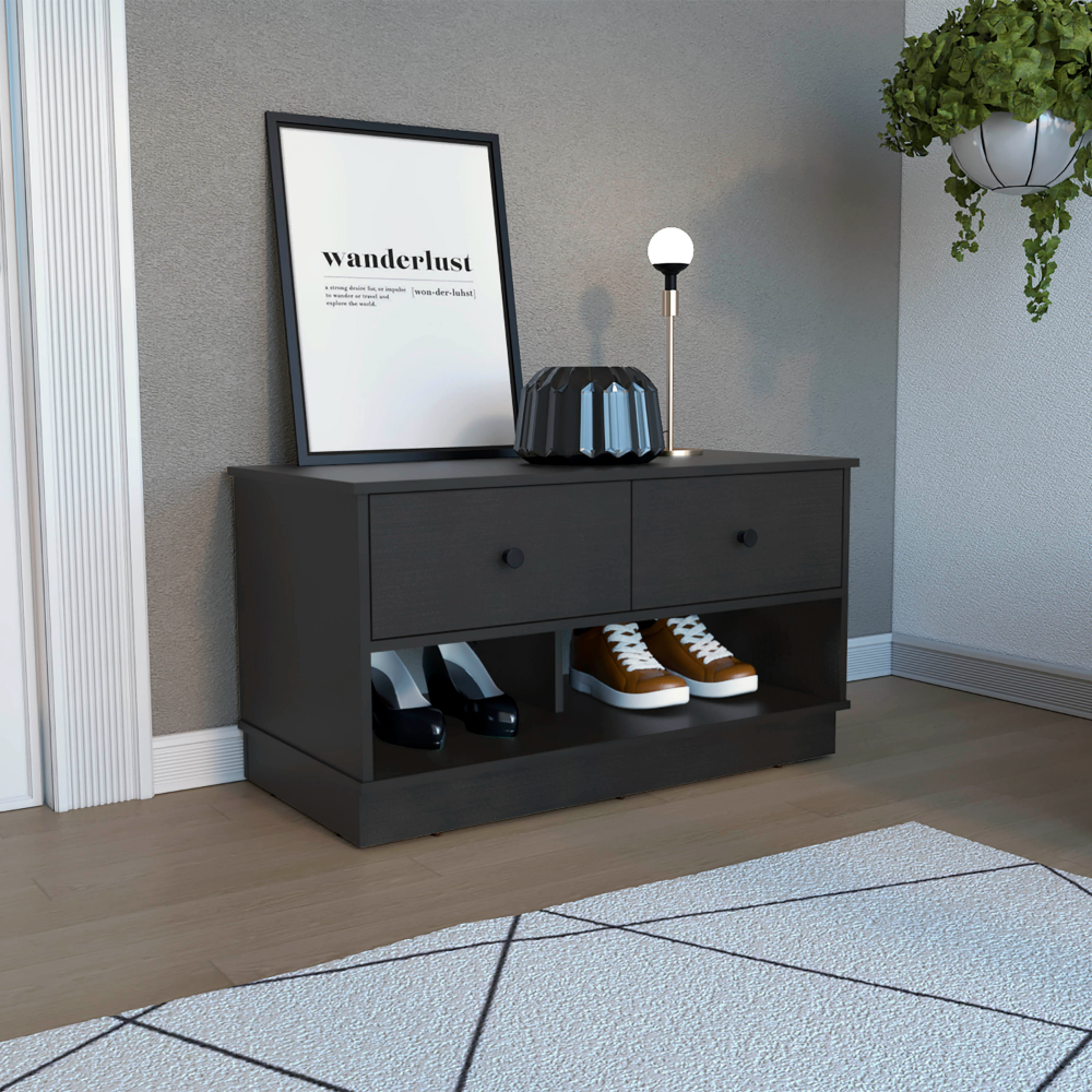 Uranus Storage Bench, Two Drawers, Two Open Shelves, Black - Luciddepo