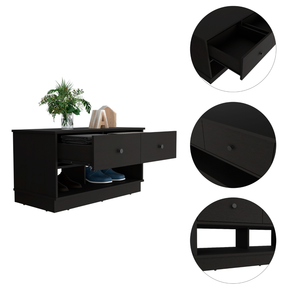 Uranus Storage Bench, Two Drawers, Two Open Shelves, Black - Luciddepo
