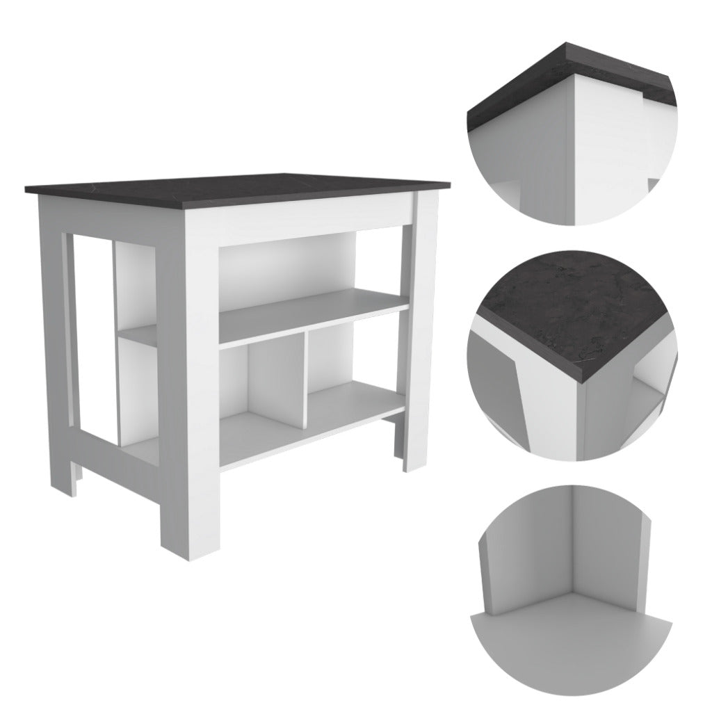 Delos Kitchen Island with Four Legs and Three Open Storage Shelves, White/Onix - Luciddepo