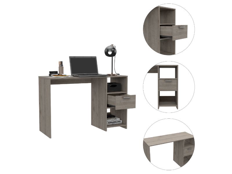 Naxos Computer Desk with 1-Drawer and 2-Open Storage Shelves, Light Gray - Luciddepo