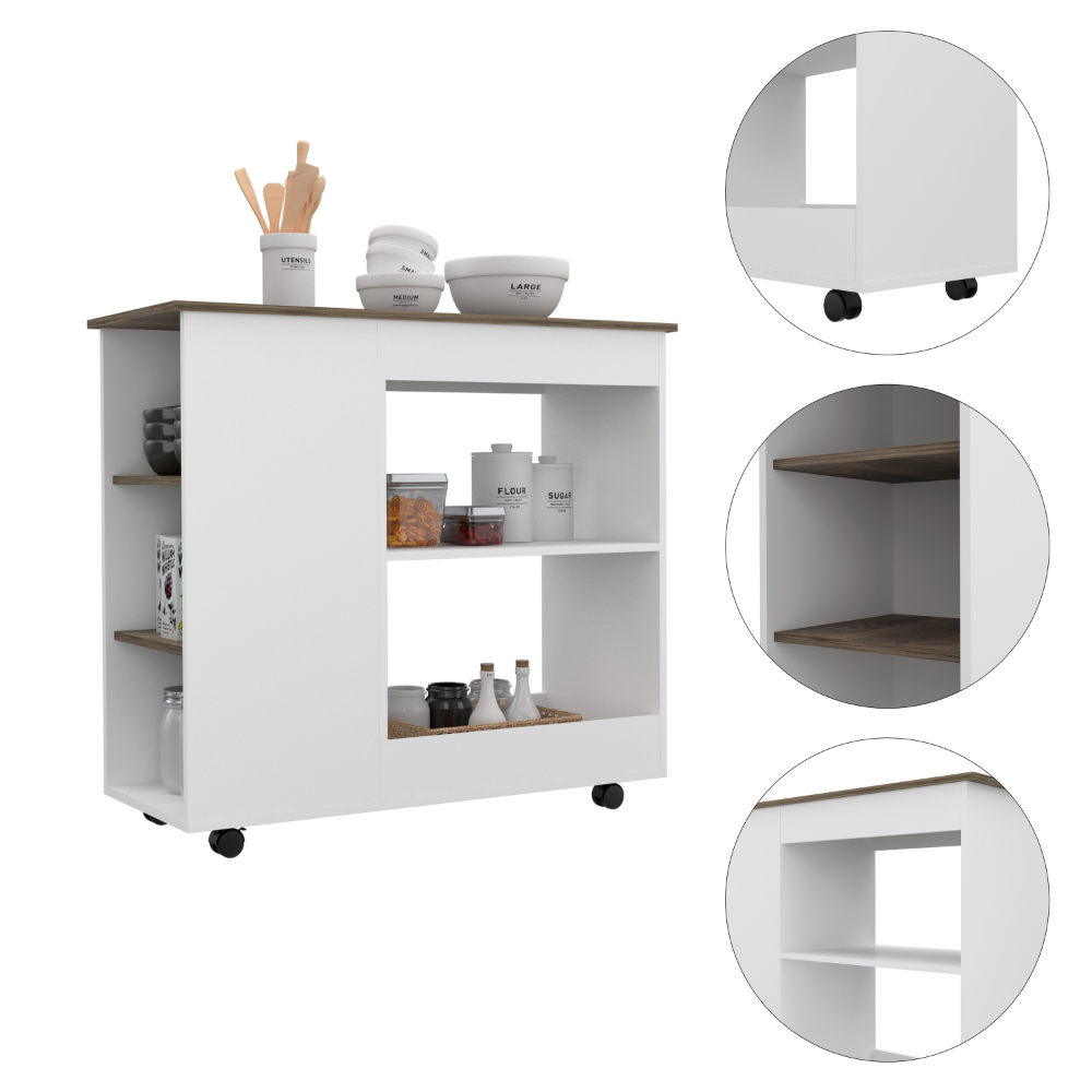 Pl Kitchen Cart Two Storage Shelves, Three Side Shelves, Four Casters, White / Dark Brown - Luciddepo