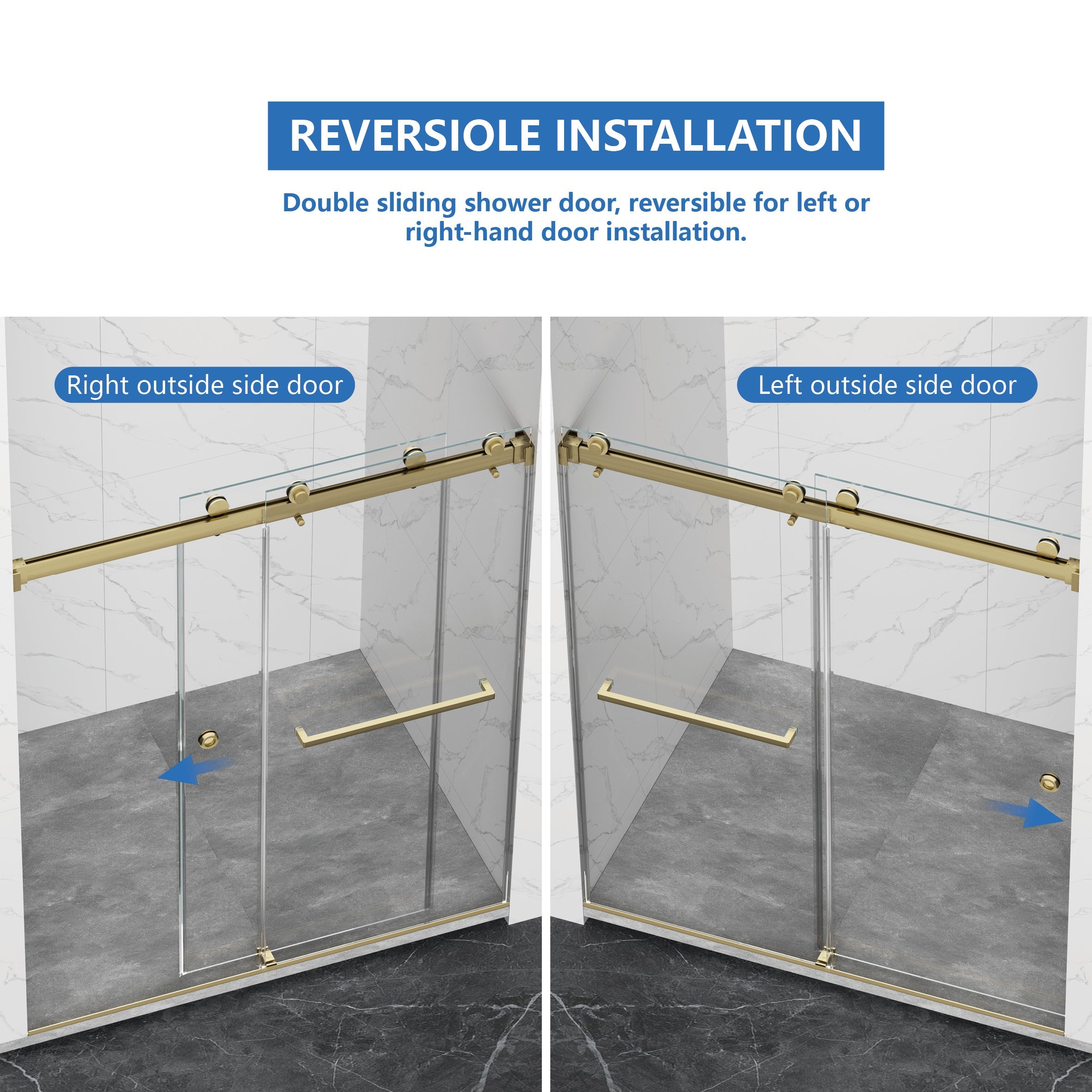 Frameless Double Sliding Shower Door 55"-59"W x 72"H, 8mm Thick SGCC Clear Premium Tempered Glass, Brushed Gold - Luciddepot