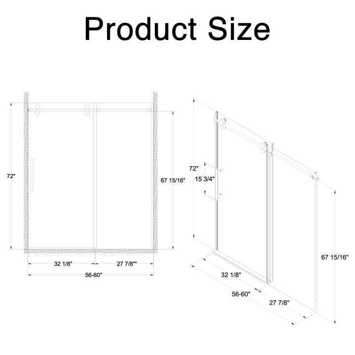 Frameless Double Sliding Shower Door 56"-60"W x 72"H, 8mm SGCC Clear Tempered Glass, Chrome Finished - Luciddepot