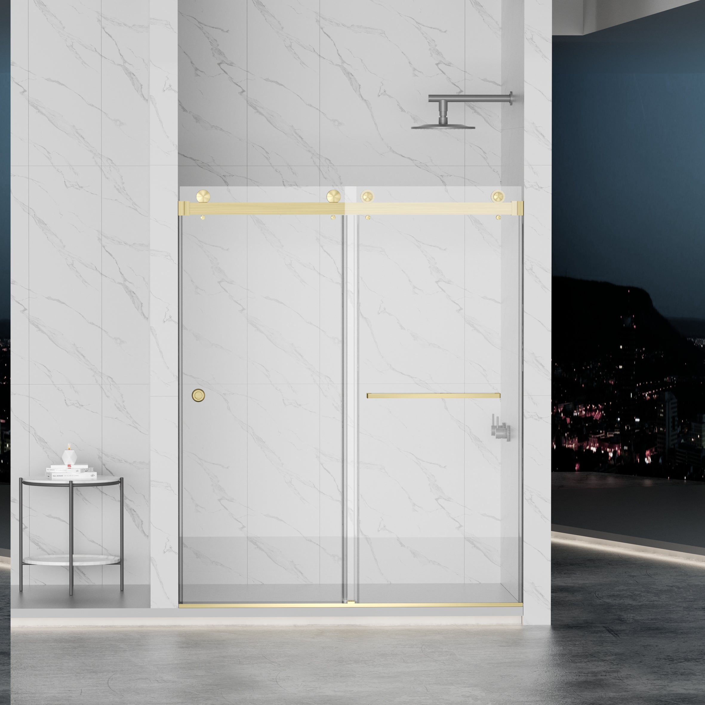 Frameless Double Sliding Shower Door 55"-59"W x 72"H, 8mm Thick SGCC Clear Premium Tempered Glass, Brushed Gold - Luciddepot