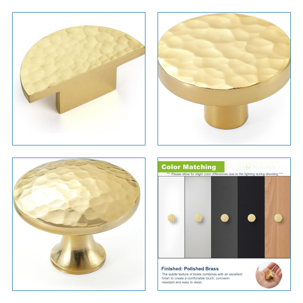Hammered Gold Kitchen Cabinet Knobs, Solid Brass Knobs for Dresser Drawer, Minimalist Bathroom Cabinet Pulls, Modern Furniture Hardware, Brushed Finish (Semicircle/Round/Mushroom) - Luciddepot