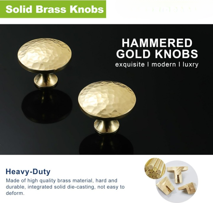 Hammered Gold Kitchen Cabinet Knobs, Solid Brass Knobs for Dresser Drawer, Minimalist Bathroom Cabinet Pulls, Modern Furniture Hardware, Brushed Finish (Semicircle/Round/Mushroom) - Luciddepot