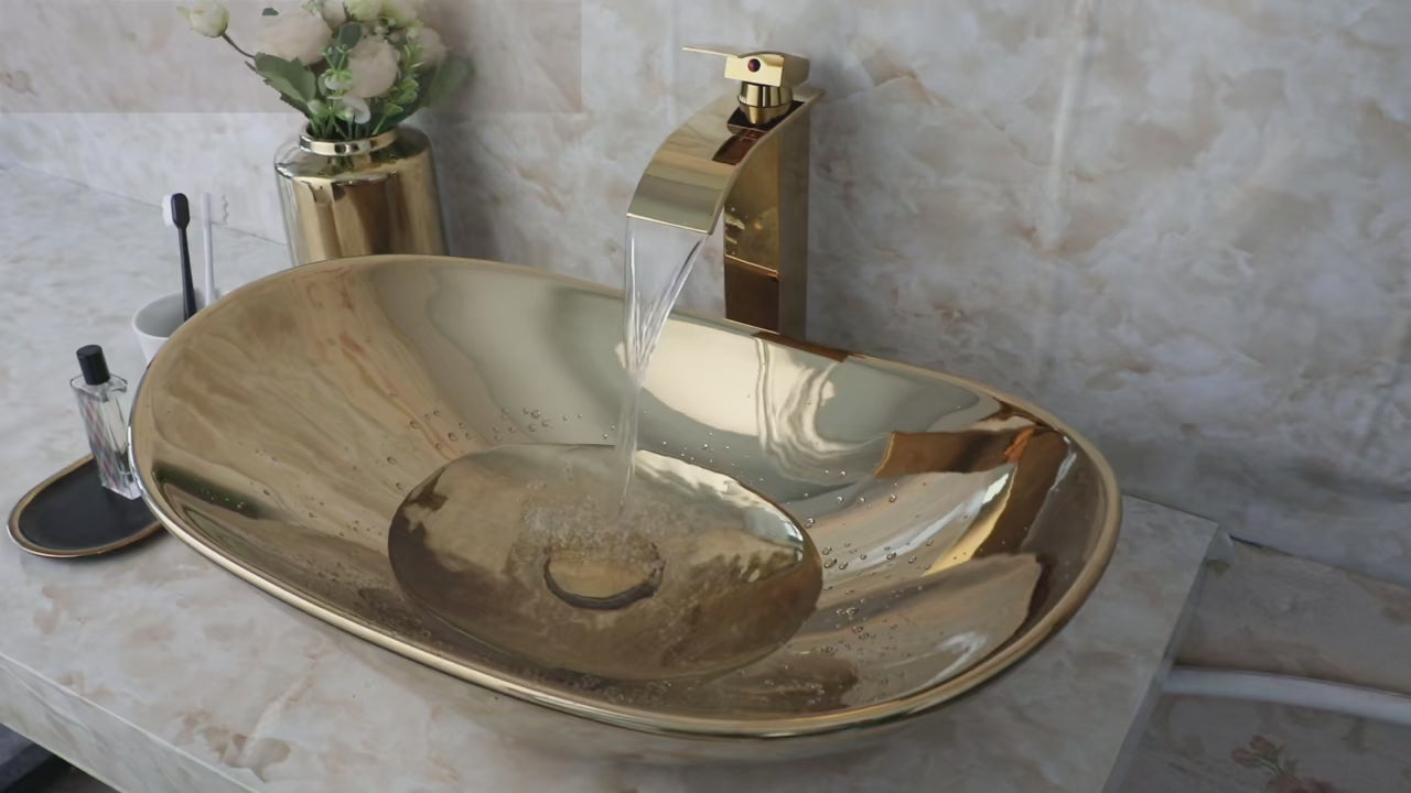 Bathroom Vessel Sink Gold Ceramic Sink Bowl w/ Waterfall Faucet and Drain Combo Modern Vessel Sink Above Counter approx 23 Inchs Gold