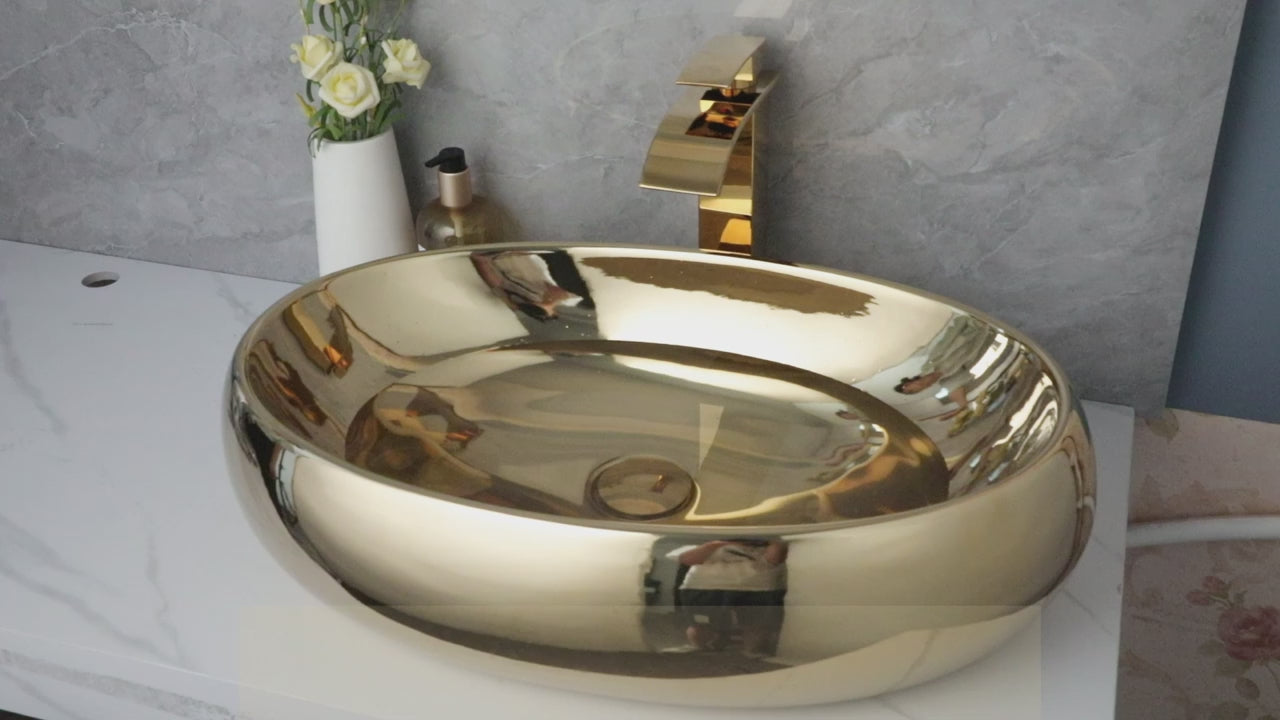 Bathroom Vessel Sink Gold Ceramic Sink Bowl w/ Waterfall Faucet and Drain Combo Modern Vessel Sink Above Counter approx 23 Inchs Gold