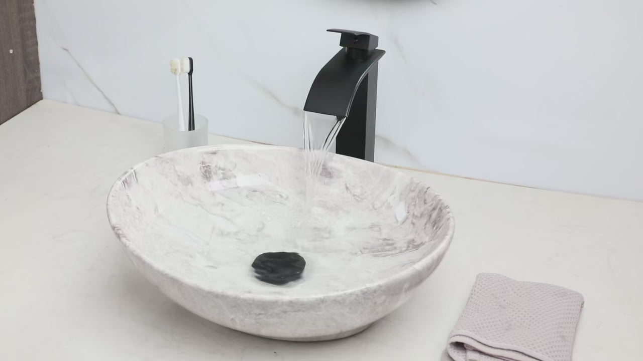 Ceramic Vessel Sinks Oval Bathroom Sink Above Counter Vessel Sink with Faucet and Drain Combo approx 16 inchs Marbling Vessel