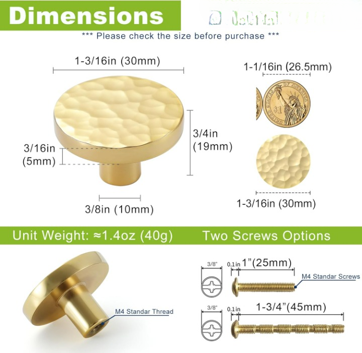 Hammered Gold Kitchen Cabinet Knobs, Solid Brass Knobs for Dresser Drawer, Minimalist Bathroom Cabinet Pulls, Modern Furniture Hardware, Brushed Finish (Semicircle/Round/Mushroom) - Luciddepot