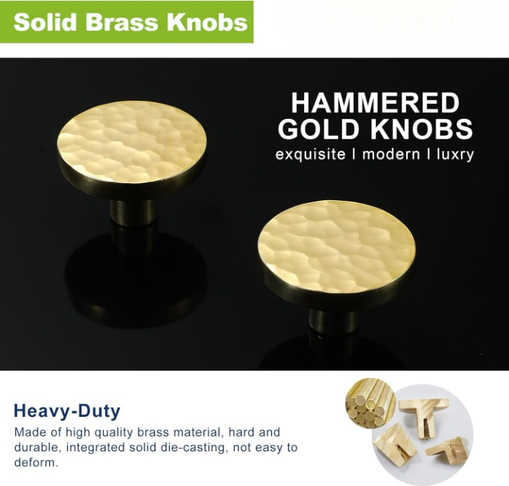 Hammered Gold Kitchen Cabinet Knobs, Solid Brass Knobs for Dresser Drawer, Minimalist Bathroom Cabinet Pulls, Modern Furniture Hardware, Brushed Finish (Semicircle/Round/Mushroom) - Luciddepot