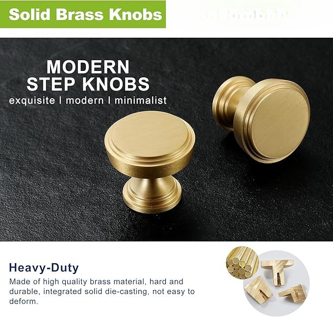 Gold Kitchen Cabinet Knobs, Solid Brass Knobs for Dresser Drawer, Minimalist Bathroom Cabinet Pulls, Modern Furniture Hardware, Brushed Finish (Semicircle/Round/Mushroom/Step) - Luciddepot
