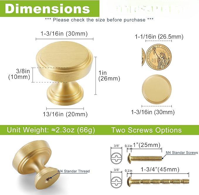 Gold Kitchen Cabinet Knobs, Solid Brass Knobs for Dresser Drawer, Minimalist Bathroom Cabinet Pulls, Modern Furniture Hardware, Brushed Finish (Semicircle/Round/Mushroom/Step) - Luciddepot