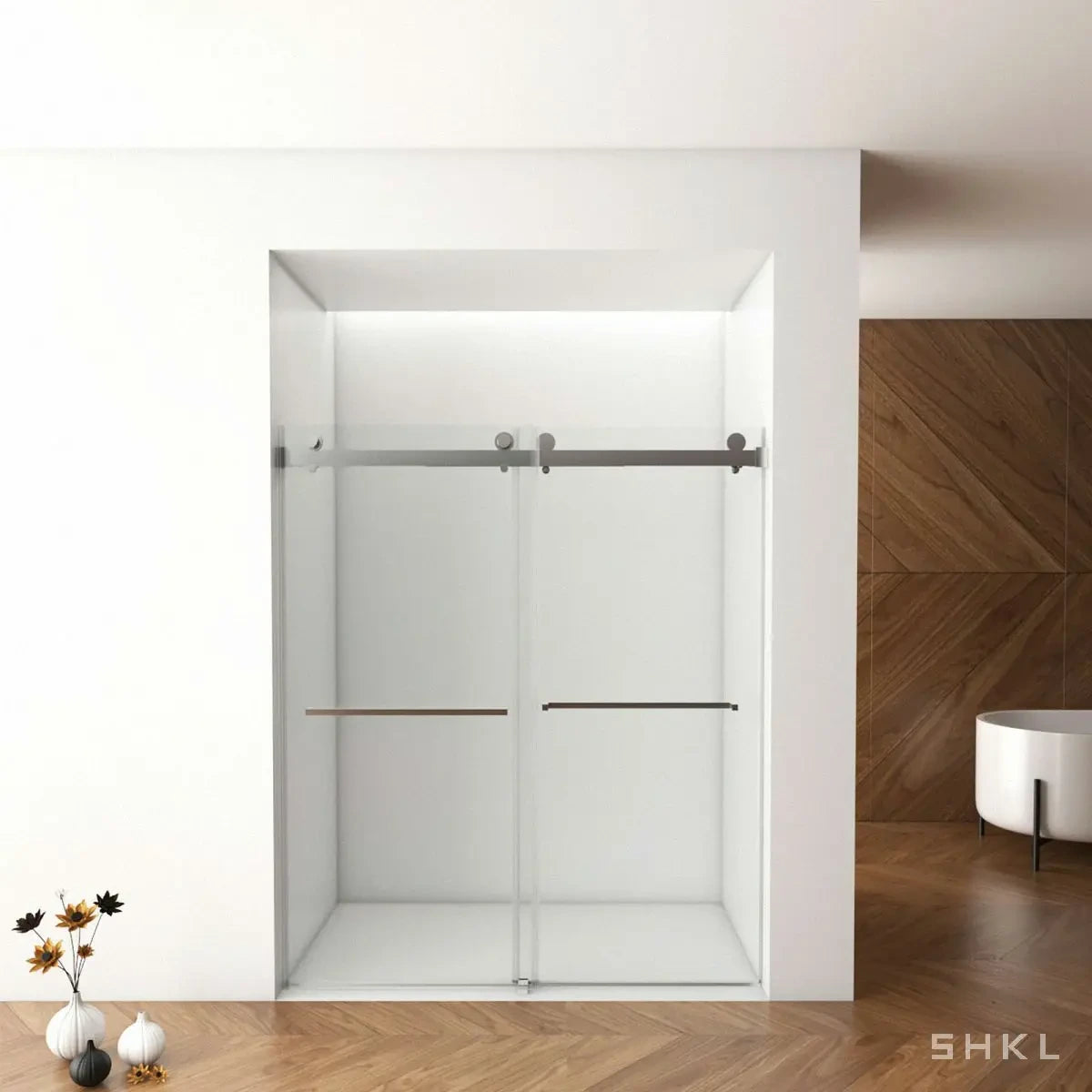 56"-60"W x 76"H Frameless Double Sliding Shower Door, 3/8'' (10mm) Clear Tempered Glass, Brushed Nickel Finished With Buffer - Luciddepo