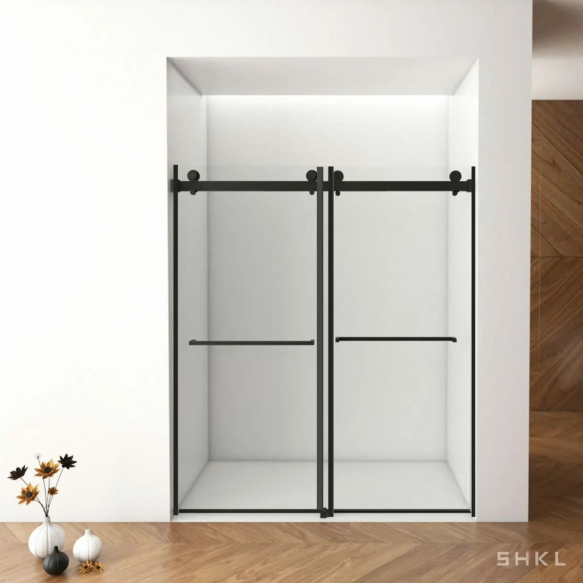 56"-60"W x 76"H Frameless Double Sliding Shower Door, 3/8'' (10mm) Clear Tempered Glass, Matte Black Finished With Buffer - Luciddepo
