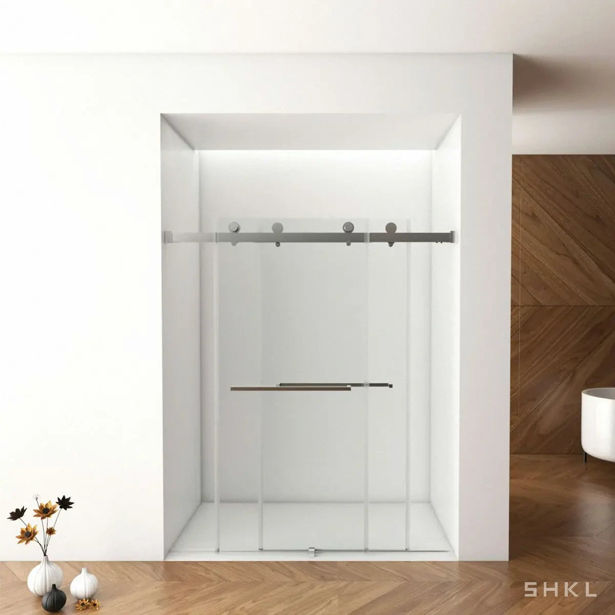 56"-60"W x 76"H Frameless Double Sliding Shower Door, 3/8'' (10mm) Clear Tempered Glass, Brushed Nickel Finished With Buffer - Luciddepo